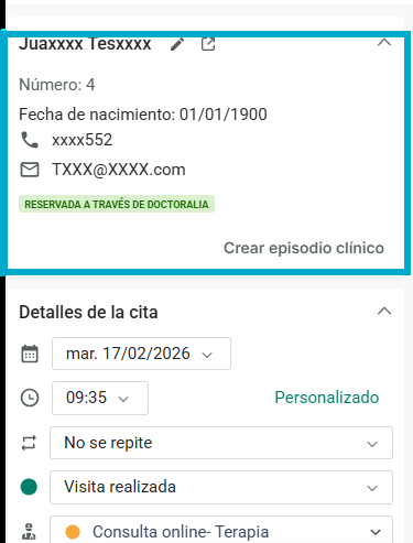 Dados de contato do paciente na reserva