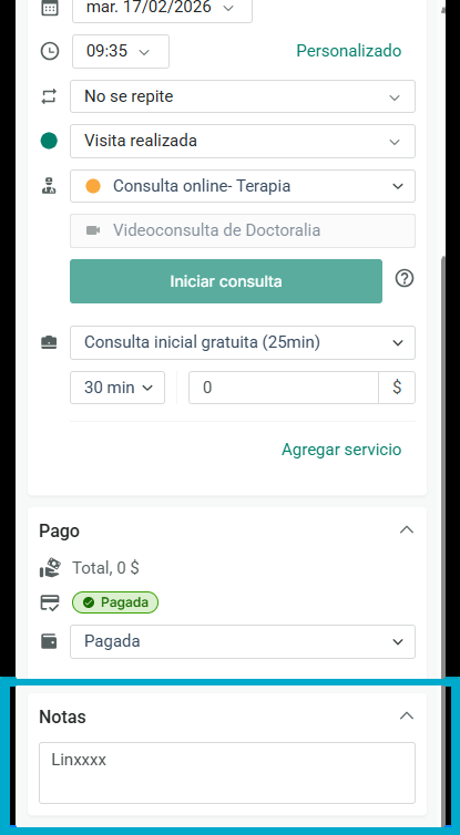 Seção de notas com link para o questionário do paciente
